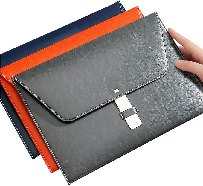PU Leather A4 File Folder Large Document Holder Waterproof Envelope Folder Case with Handmade Closure (Orange)