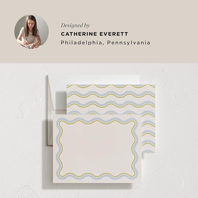 Minted Squiggled Stationery Set, Set of 10, Flat Note Cards & Envelopes for Invitiations and Handwritten Thank You Messages, Pale Blue & Chartreuse Border, Gifts for Men and Women, Luxurious Paper