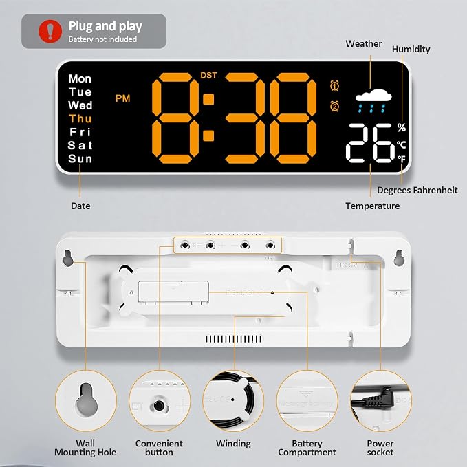 Digital Wall Clock, 12" Digital Clock with Remote Control, Date, Week, Temp, Humidity, DST, Timer, Auto-dimming for Living Room Classroom Gym Church Shop Garage
