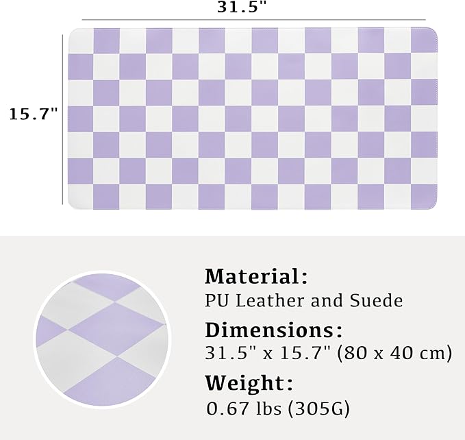 Checkered Desk Mat, 31.5" x 15.7" Large Cute Purple Aesthetic Retro Girl Women Accessories, PU Leather Computer Laptop Mat Mouse Keyboard Pad, Desk Writing Makeup Mat for Vanity/Work/Home Decor