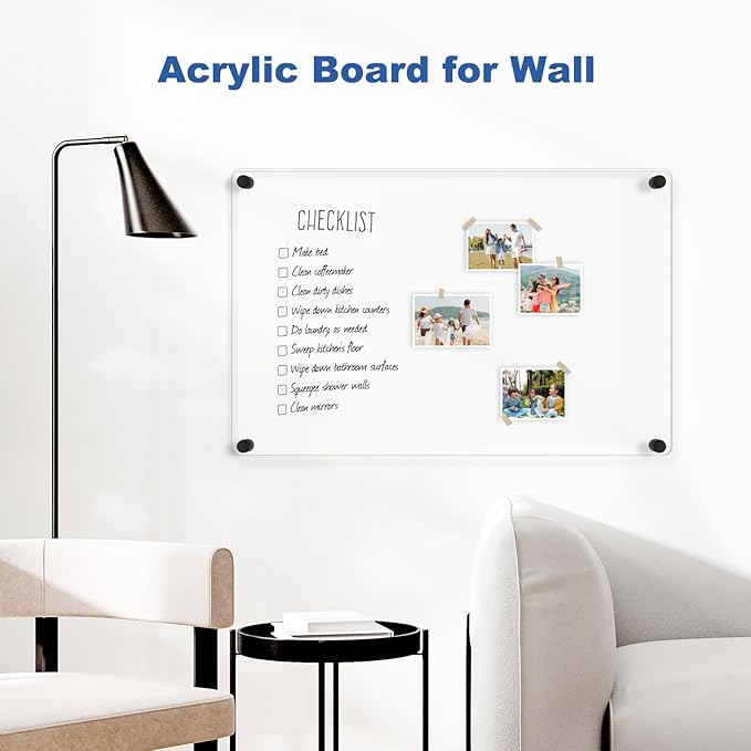 Large Clear Acrylic Dry Erase Board, 24" X 16" Black Non-Magnetic Frameless Clear White Board for Wall, Erasable Acrylic Board for Wall, Home, Office, School, 2 Markers