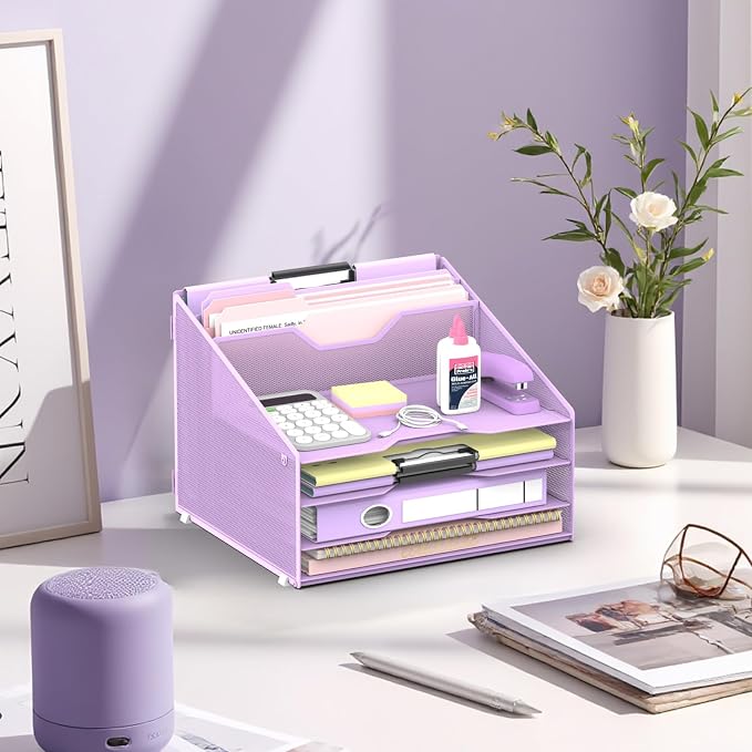 Desk File Organizer, 4 Letter Trays and 2 Upright Sections, Purple | Paper Organizer for Desk with Tiered Letter Trays and Vertical File Holders for Home Office, School and Workspace Use