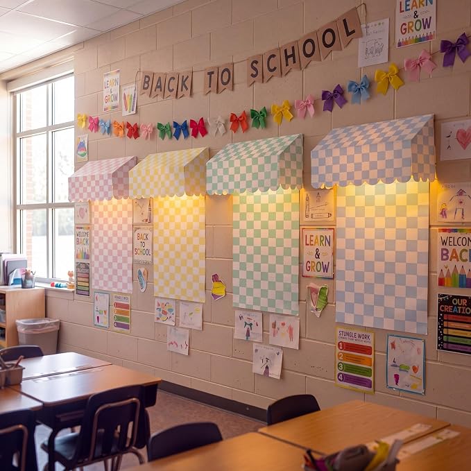 Colarr 12 Pcs Back to School Classroom Awning Decor Kit Bulletin Board Awning with Warm LED Light Poster Paper Bulletin Board Decor for Teacher Classroom School Wall Chalkboard(Rainbow Checkered)