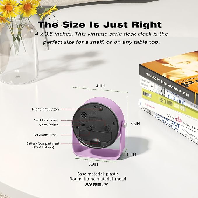 AYRELY® 3.5" Small Analog Travel Alarm Clock, Battery Operated Desk Clock | Cute Table Clock with Light, Adjustable Angle, Bedside, Bedrooms, Kids' Rooms and Living Room Decor (Purple)