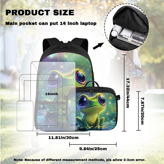 Doojoayie Bookbag and Lunch Box Set for Girls Frog Backpack for School Lightweight Kids Back Pack Cute Girls School Bag 3rd Grade Backpack for Primary Elementary Student