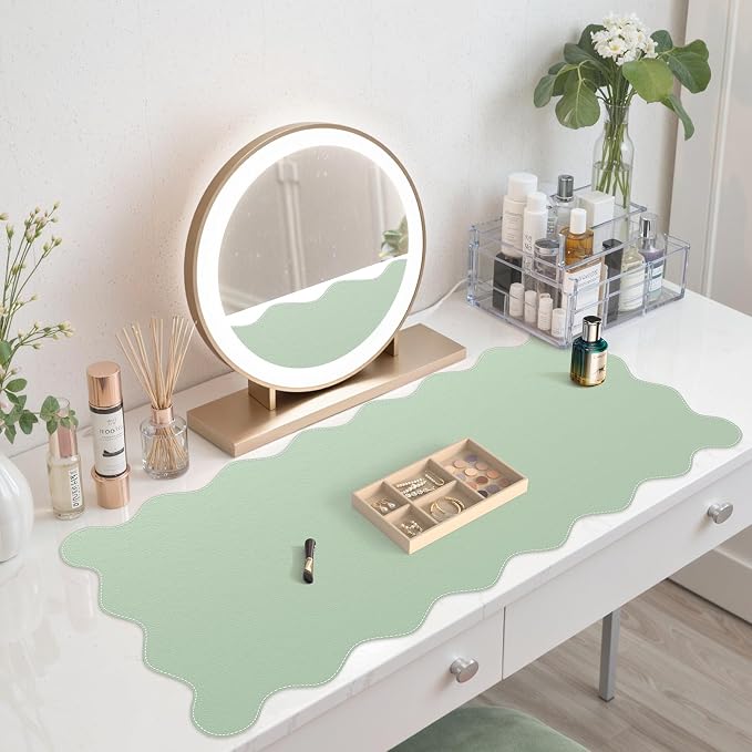 iCasso Leather Desk Pad,Extra Large Mouse Pad for Laptop,Cute Scalloped Nail Table Mat for Women Girl,Non-Slip Keyboard Mat Green,Waterproof PU Desk Cover Mat for Office Home Dorm Travel