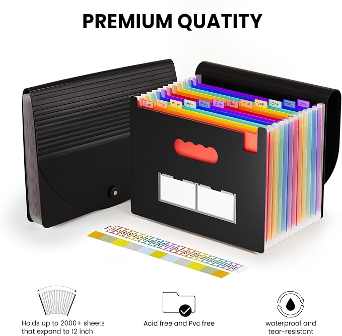 Sooez Accordion File Organizer, 13 Pockets Expanding File Folders, Portable Monthly Paper Bill Tax Receipt Organizer, Letter A4 Size Document Holder with Blank Labels
