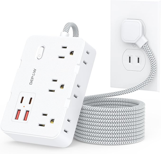 DEPOW 2 Prong to 3 Prong Adapter Power Strip, 10 FT Extension Cord with 6 Outlets & 4 USB Ports (2 USB-C), 1050J Two Prong Surge Protector, Wall Mount - Ideal for Old Houses