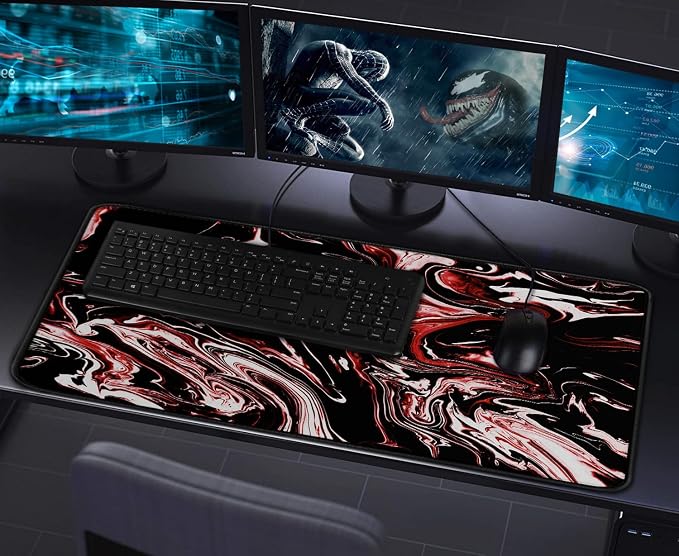 Large Extended Mouse Pad with Stitched Edges, Durable Non-Slip Natural Rubber Base, Waterproof Computer Keyboard Pad Mat for Esports Pros/Gamer/Desktop/Office/Home - Marble Red