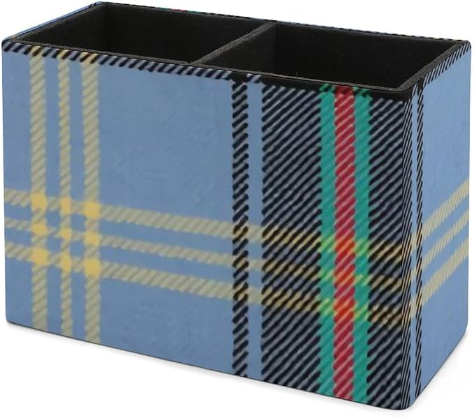 BELL OF THE BORDERS TARTAN PU Leather Pen Holder Desk Organizer, 2-Compartment Pencil Container for Office, Home, Vanity Use