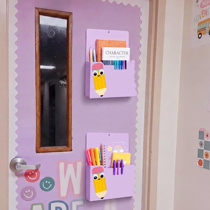 Gilprop 2 Pcs Pencil Purple Magnetic File Folder Holder Pocket File Organizer Classroom Decor Teacher Desk Accessory for Whiteboard Mail Paper Book No Drilling Elementary School Kindergarten Essential