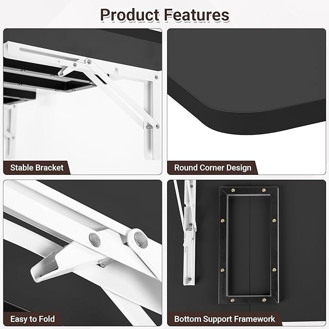 Wall Mounted Folding Desk 35.4” x 15.7”, Drop Down Table with Metal Collapsible Brackets, Folding Wall Table for Small Spaces, Home, Office, Kitchen, Laundry Room-Black