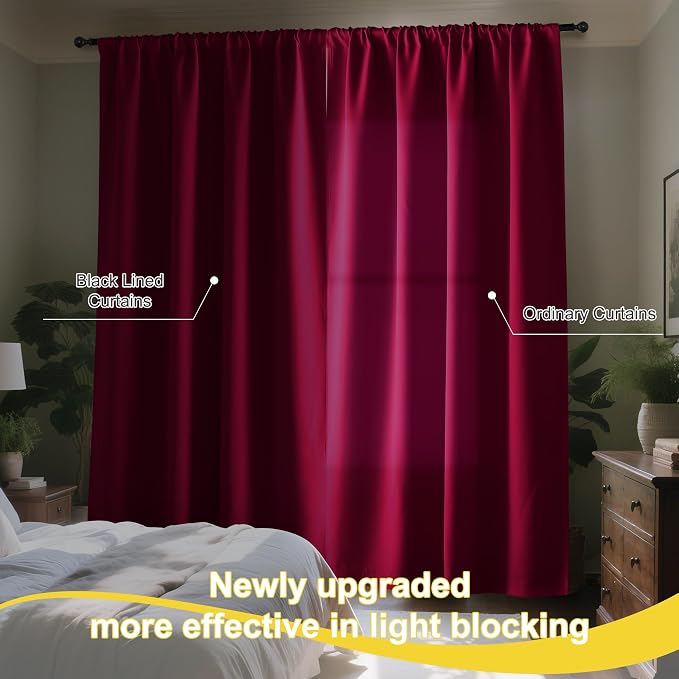 NICETOWN Wine Red 100% Blackout Curtain Panels, Rod Pocket Window Curtains with Black Liner for Nursery, 52 inches Wide Each Panel, 84 inches Drop Cold and Full Light Blocking Draperies (2 Pieces)