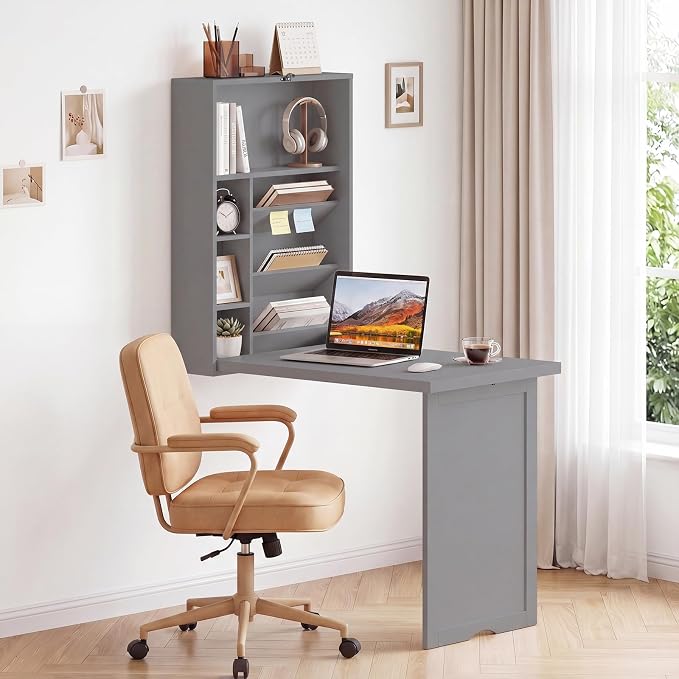 Giantex Wall Mounted Desk, Foldable Convertible Computer Desk with Storage Shelves, Space Saving Fold Out Table, Folding Floating Writing Desk for Small Spaces, Home Office, Bedroom, Apartment (Grey)