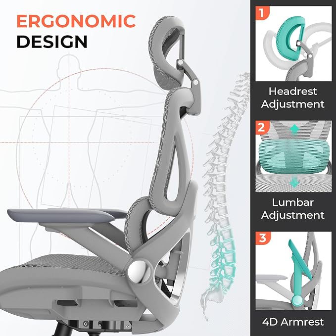 CAPOT Ergonomic Mesh Office Chair, Adjustable Lumbar High Back Desk Chair 400lbs, 4D Flip-up Arms, 3 Tilt Backrest, 3D Headrest, PU Wheels, Swivel Rolling Computer Chair for Long Desk Work - Grey
