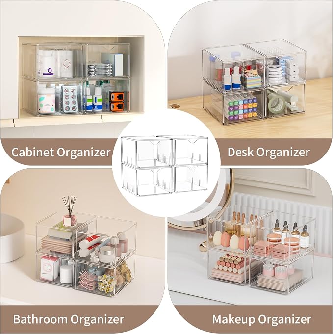 4 Pack Clear Tea Bag Organizers with Adjustable Dividers, Stackable Tea Drawer Organizer Box for Pantry, Coffee Bar, Kitchen Cabinet, Acrylic Food Storage Bins for Snacks, Sugar & Spice Packets