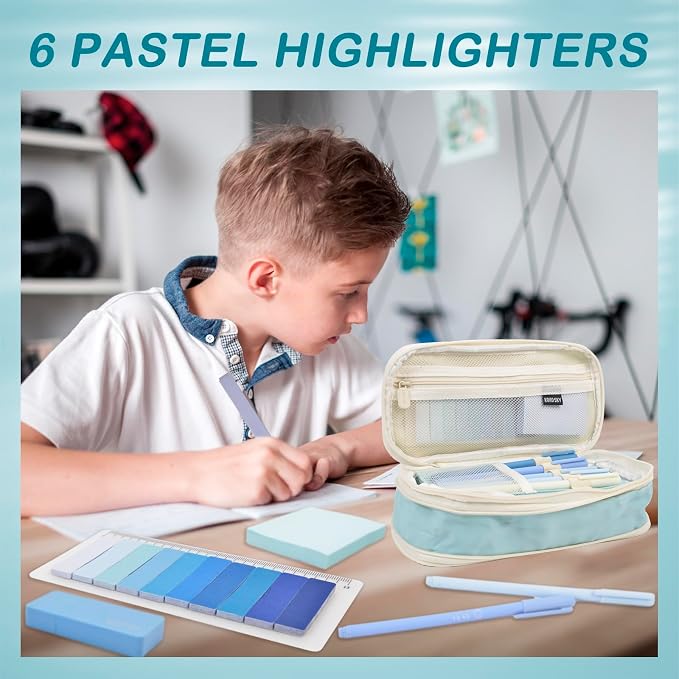 47Pcs Aesthetic School Supplies with Pencil Pouch - Cute College Essentials Set, Big Capacity Pen Case, Pastel Highlighters, Bible Study Journaling Stationary Kit (Blue)