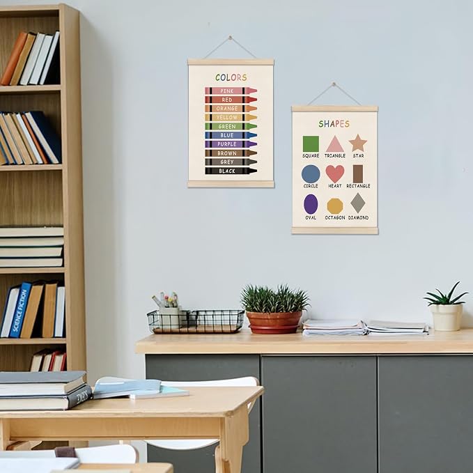 Colors Shapes Posters Hanger Frame, Educational Posters for Toddler Kids, Set of 2 Montessori Nursery Wall Decor, Learning Artwork for Nursery Kids Room, Homeschool, Boho Classroom Decor 16x12 Inch
