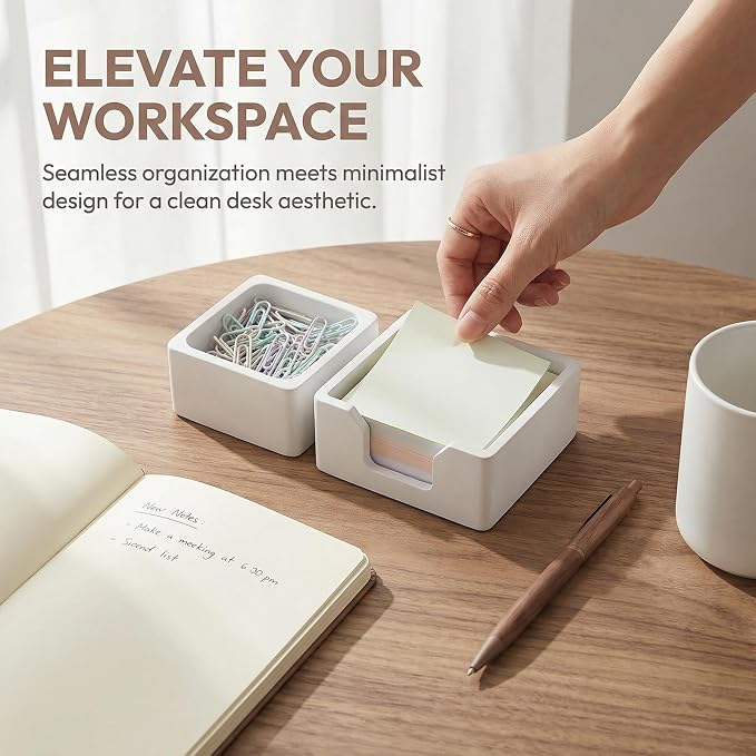Concrete Desk Organizer Set of 2 - Minimalist Sticky Note Holder & Paper Clip Dispenser - Heavy Duty Office Desk Accessories with Non-Slip Base for Home Workspace Organizer & Desk Decor, White
