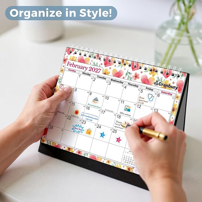 CRANBURY Small Desk Calendar 2026-2027 Standing Flip, 8" x 6", July 2026 to Dec 2027, Desktop Calendar with Stickers, Academic Year, Personal Desk Planner for School & Office