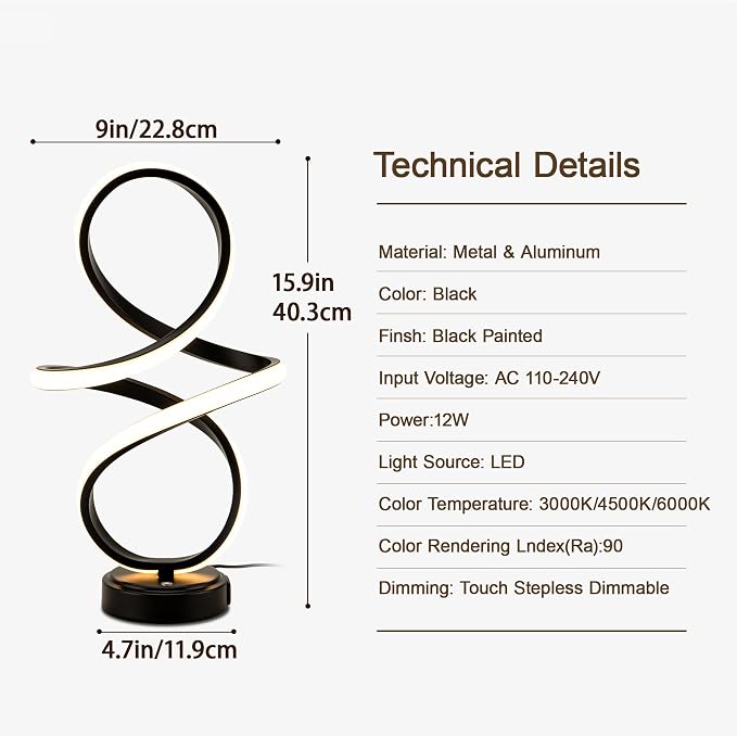 Mayful Modern Spiral Table Lamp, Black Small Nightstand Lamp with USB C & A Ports, Touch Control Dimmable with 3 Color Temperatures,Unique LED Bedside Lamps for Bedroom Living Room Nightstand Office