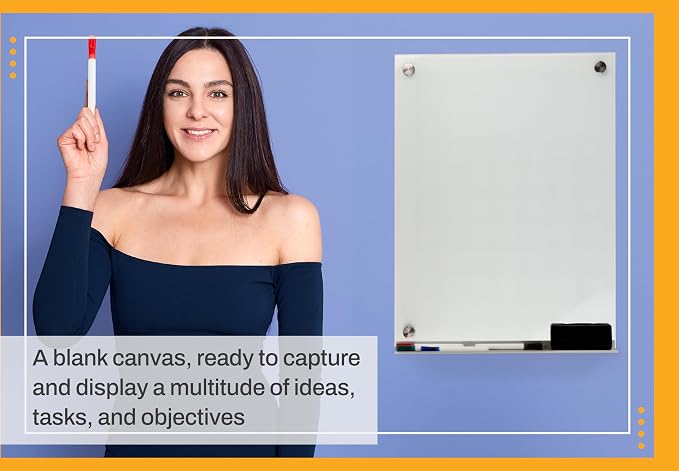 Real Glass Dry Erase Board, 18" x 24", Tempered Glass Surface, Frameless Wall Mount, with 4 Assorted Color Markers and Eraser, by Better Office Products (Bright White)