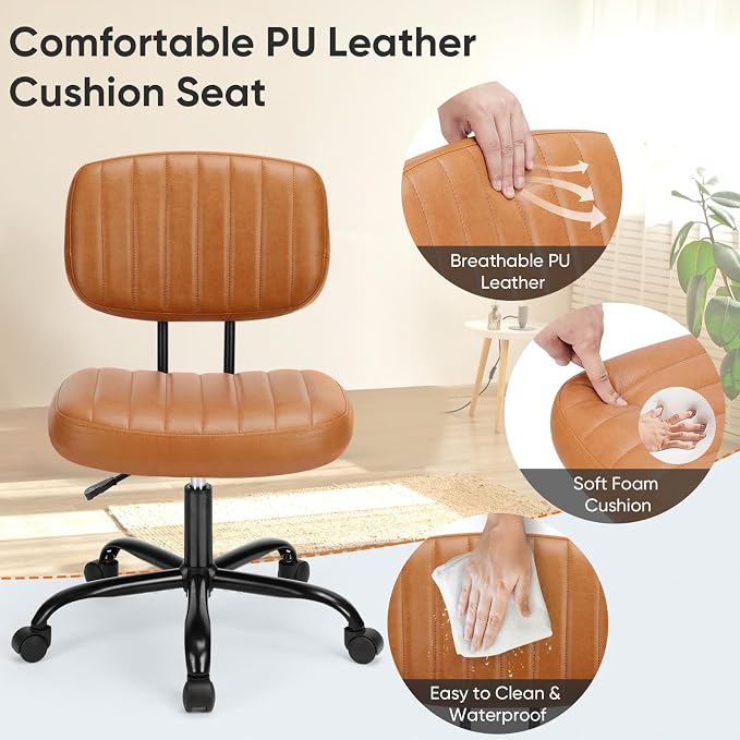 DUMOS Small Office Desk Chair, Armless Vanity Chair with Lumbar Support | PU Leather, 360° Rolling Task, Height Adjustable, Home Bedroom, Adult, Student, Brown