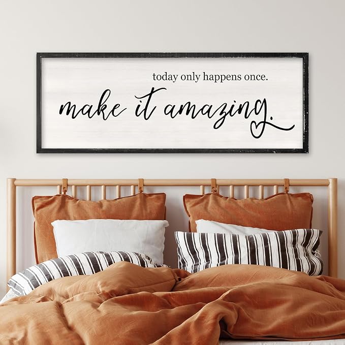 RLWangChao Today Only Happens Once Make It Amazing Wall Art Decor 32x12 Inch Large Inspirational Quote Sign Rustic Living Room Vintage Wood Frame Office Motivational Home Wall Hanging (Black)