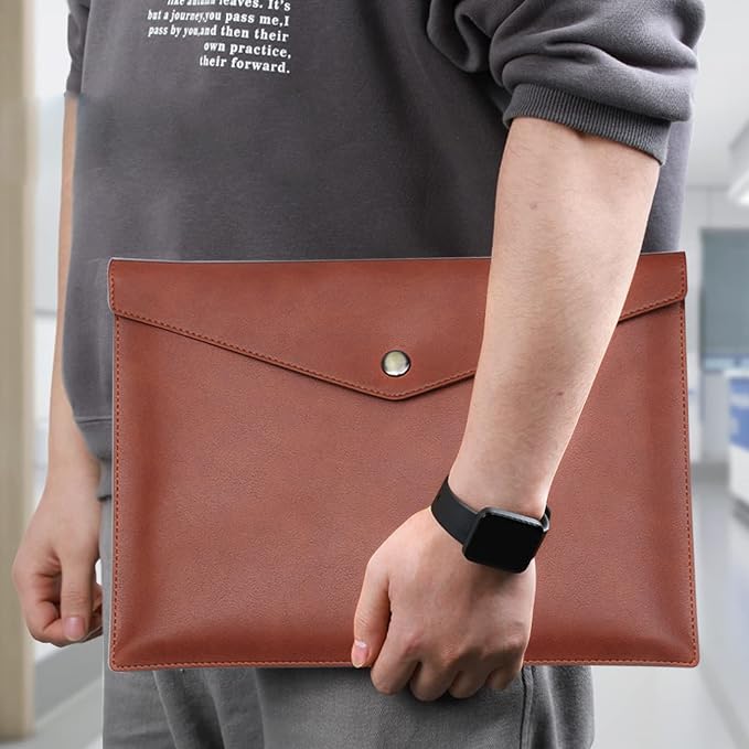 VANRA 1 Piece PU Leather File Folders A4 Document Holder File Envelope Waterproof Portfolio Filing File Organizer for Letter Size with Snap Button Closure, Brown