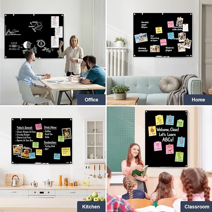 Glass Dry Erase Board, TANKEE 48 x 36 Inches Magnetic Glass Whiteboard for Wall, Black Large White Board for Office School Home Classroom, Wall Mounted