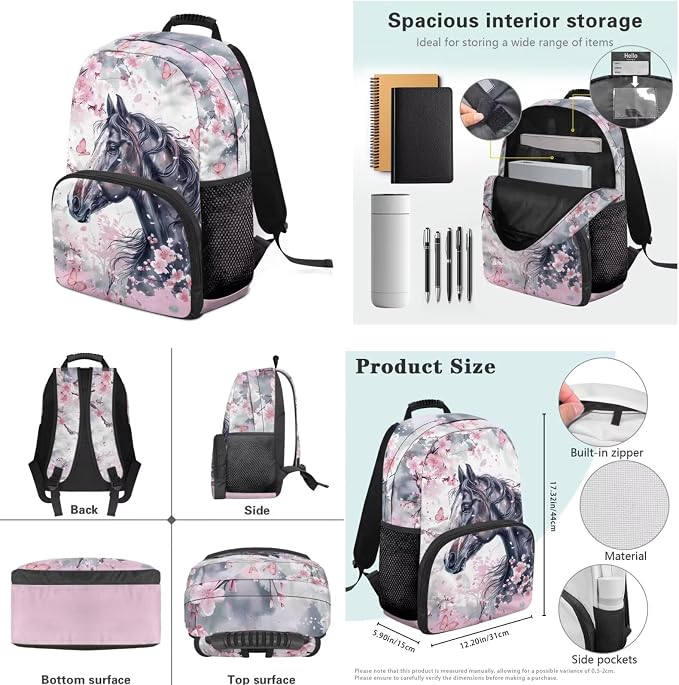 Ystardream Elementary Backpack for Girls Cherry Blossom Horse Kids Backpack with Lunch Box Water Bottle Sleeve Kids School Bookbag with Spacious Interior Storage for Student Book Bag Set