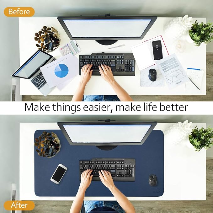 Dark Blue/Yellow Dual-Sided PU Leather Desk Pad, Upgraded Sewing Laptop Mat, Waterproof Large Mouse Pad, Non-Slip Writing/Painting Mat Desk Blotter Protector for Office/Home 31.5"x15.8" (80x40cm)