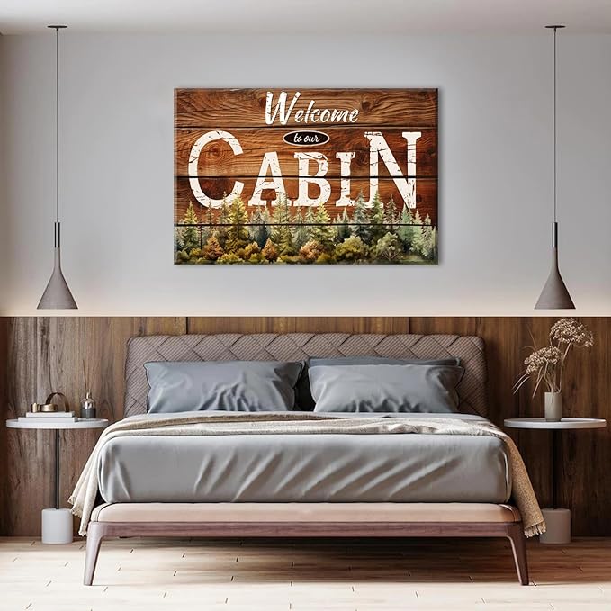 Rustic Cabin Wall Art Brown Woodland Nursery Wall Decor for Living Room Vintage Farmhouse Forest Grain Background Prints Welcome to our Cabin Picture Modern Artwork Bedroom Cave Home Decoration 32x48"