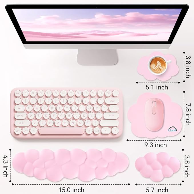 Sushret Cloud Wrist Rest for Computer Keyboard, 4-in-1 Memory Foam Leather Cloud Keyboard Wrist Rest and Mouse Pad Set with Ergonomic Support for Arm and Palm Cushion, Gaming/Work Setup, Pink