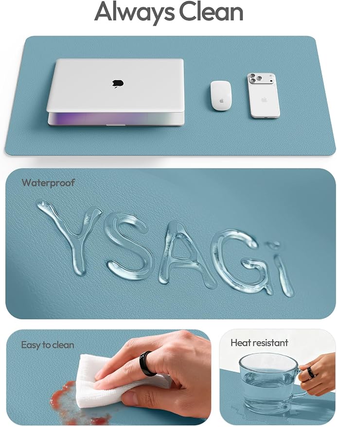 YSAGi Leather Desk Pad Protector, Office Desk Mat, Large Mouse Pad, Non-Slip PU Leather Desk Blotter, Laptop Desk Pad, Waterproof Desk Writing Pad for Office and Home (Aquamarine, 47" x 17")