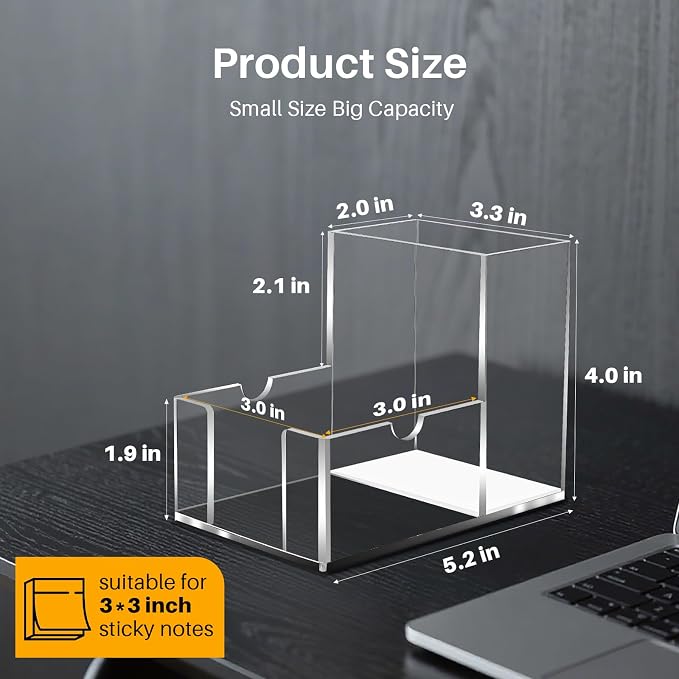 Sticky Note Holder, Crystal Clear Acrylic Pen and Sticky Note Dispenser for 3x3 Inches Note Pads, Simple Phone Stand for Office Home School Dorm Room Desk Organizer(No Pads) (2)