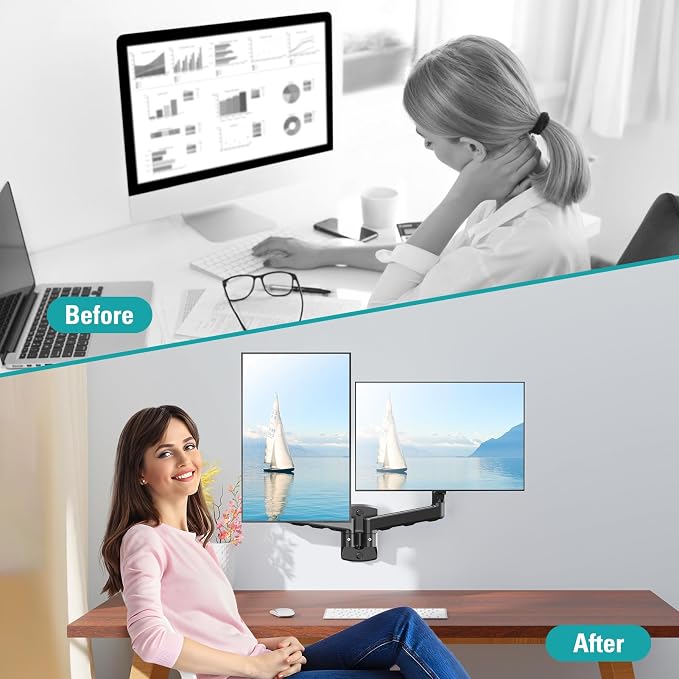 Dual Monitor Wall Mount for 13-32" Computer Screens | Holds Up to 19.8lbs Each Monitor Mounts for 2 Monitors, Full Motion Gas Spring Monitor Arm with VESA 75x75/100x100