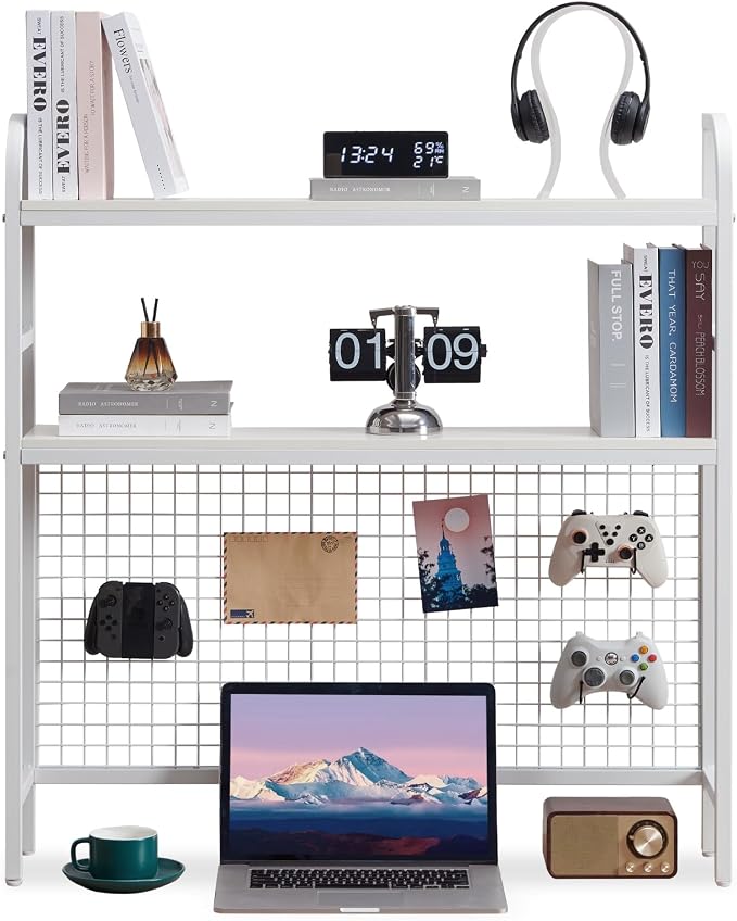 Desk Shelf, 36.8” Desktop Organizer Shelf with Grid Panel and Hooks, Desk Hutch for Computer Monitor, 2 Tier Desk Display Rack Wood Desktop Bookshelf Storage for Home Office Dorm