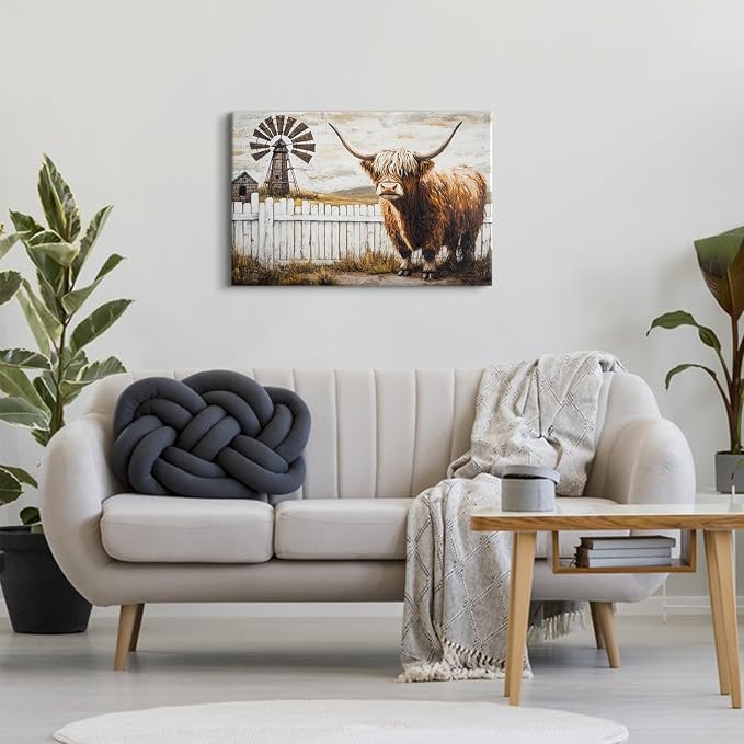 Retro Highland Cow Wall Art for Living Room Country Barn Pictures Wall Decor Fall Windmill Scenery Canvas Painting Western Decor Wildlife Poster Prints Artwork Farmhouse Kitchen Decorations 16x24"