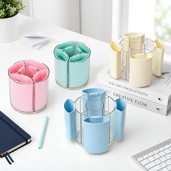 Comix 360° Rotating Pen Holder for Desk, Green Pencil Holder with 5 Slots | Expandable Capacity, Acrylic Pen Organizer Easy to Clean, Cute Pencil Cup for Home School Office Art Supplies