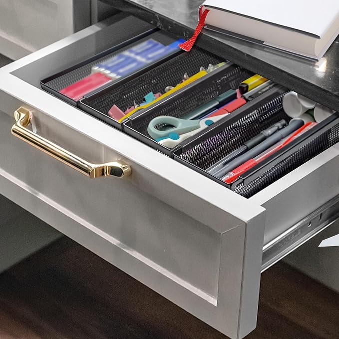 2PCS Drawer Organizer for Kitchen,Utensil Mesh Drawer Organizer with Interlocking Arm for Cosmetic,Flatware,Pen (12 * 3 * 2 Inches,Black)