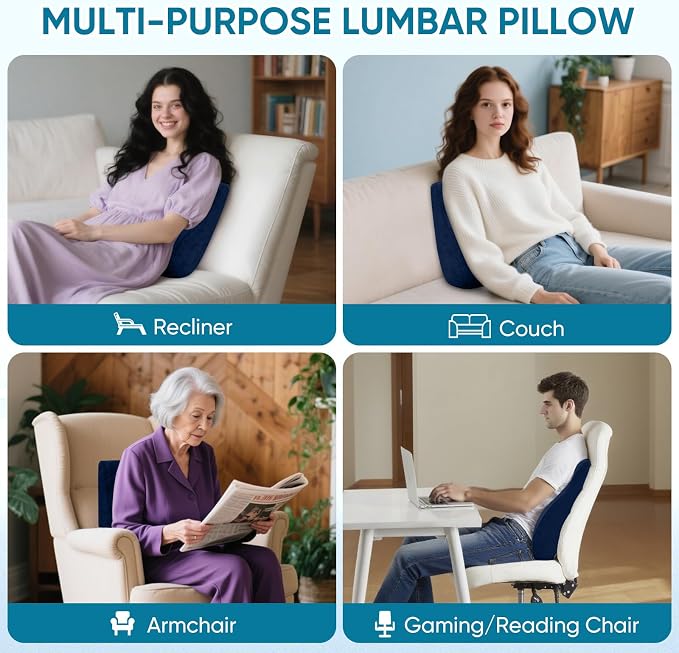 Lumbar Support Pillow for Recliner, Ergonomic Back Support Pillow | Dual-Layer Memory Foam, Soft Velvet Cover, Lower Back Pain Relief, Couch Back Cushions for Recliner, Sofa & Gaming Chair