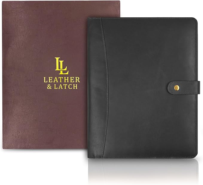 Leather Resume Portfolio Folder for Interview, Professional Padfolio Organizer Binder A4, Graduation & New Job Gift for Men Women – Black