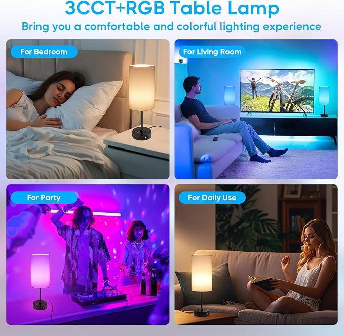 Unicozin 17Inch Table Lamp, 3 CCT 3000K/4500K/6500K & RGB Color Changing, Stepless Dimmable Bedside Lamp for Reading, Ambience Nightstand Light for Home Decor Party, White Shade