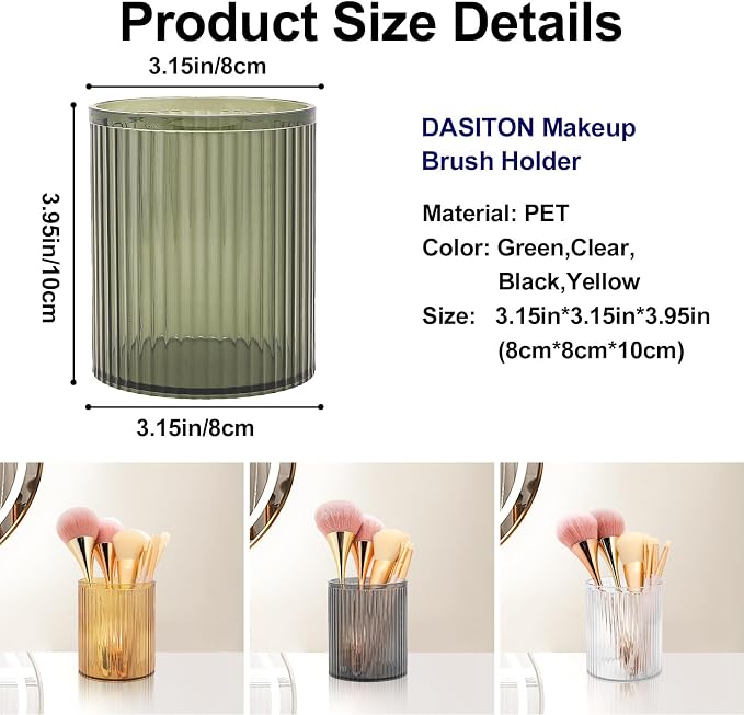 DASITON Makeup Brush Holder Organizer, Acrylic Makeup Brush Cup, Vintage Striped Make Up Brush Holder for Vanity, Bathroom Countertop, Toothbrush Holders, Pen Holder for Desk Storage (Green)