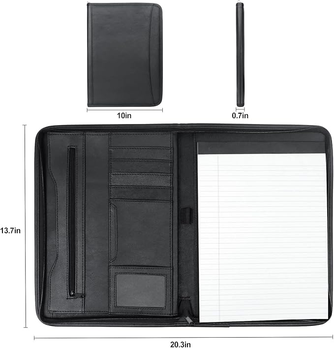 Zippered Padfolio Portfolio Binder, Leather Business Portfolio, & 8.5 x 11 Legal Pad, Office Supplies Organizer, Black Zippered Pocket, Planners, Resume, Briefcase for Travel and Interview
