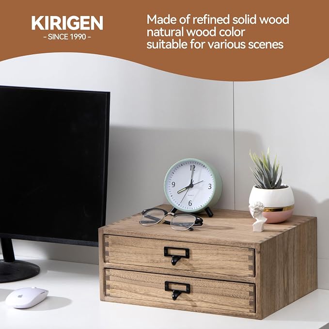 KIRIGEN Solid Wood Desk Organizer with 2 Drawers, Desktop Storage, Brown | 2-Drawer Cabinet for Printer Paper, Mail, Notebooks, and Office Supplies, 13.78 x 10.6 x 5.9 In, Fully Assembled