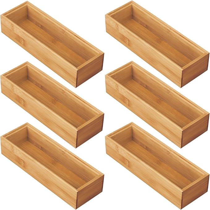 mDesign Wooden Bamboo Office Drawer Organizer Box Tray, Stackable Storage for Drawers, Cabinets, Shelves, Cubby, or Desktop, Hold Pens, Pencils, Supplies, Echo Collection, 6 Pack, Natural Wood Finish