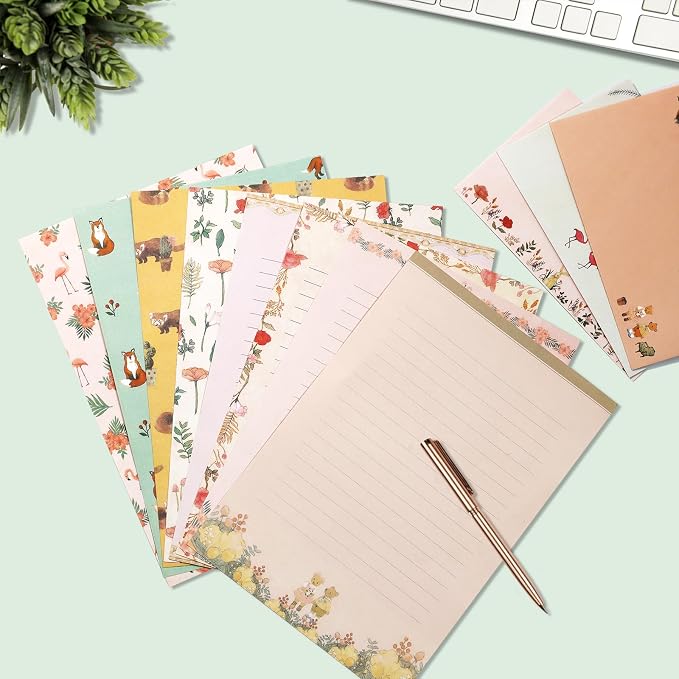 91 Pcs Stationery Paper Envelopes Set Includes 60 Lined Writing Stationery Paper & 30 Envelopes with 48 Round Dot Stickers, Cute Floral Letter Writing and Stationery Paper Envelopes (10 Style)