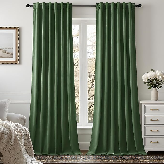 Olive Green Velvet Blackout Curtains 96 Inches for Bedroom, Thermal Insulated Room Darkening Drapes, Super Soft Luxury Window Curtains for Living Room, Back Tab & Rod Pocket, W52 x L96, 2 Panels